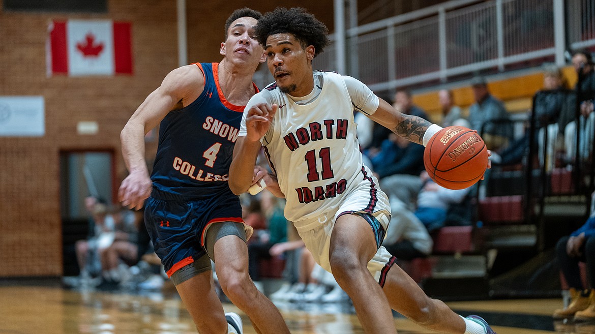 North Idaho College guard Dante Sawyer drives to the basket during the first half of Wednesday's Scenic West Athletic Conference opener against Snow at Rolly Williams Court. NIC returned to the SWAC for the first time in conference play since the 2015-16 season on Wednesday.
