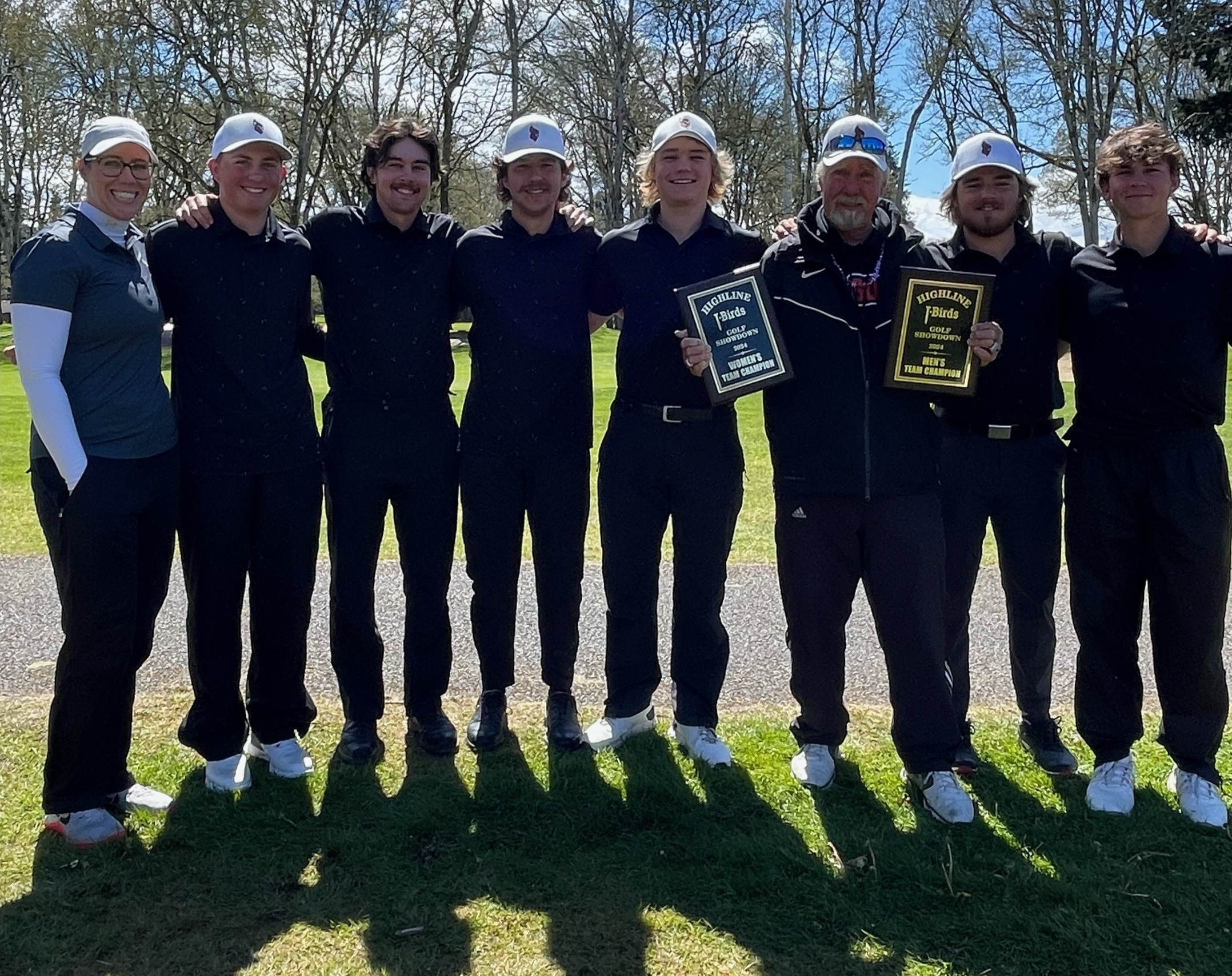 The North Idaho College men's golf team won a Northwest Athletic Conference tournament hosted by Highline Community College at Oakbrook Golf Course in Lakewood, Wash. From left are assistant coach Brittany Pounds, Dyson Lish, Josh McCartain, Jarett Giles, Ferdinand Le Grange, assistant coach Russ Grove, Charlie Terwilliger and Spence Matson.
