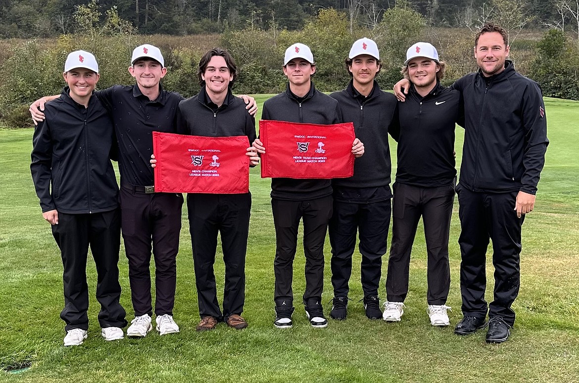 The North Idaho College men were victorious Monday at a Northwest Athletic Conference league tournament in Bandon, Ore. From left are Dyson Lish, Caden Gambini, Josh McCartain, Spence Matson, Jarett Giles, Charlie Terwilliger and coach Russell Grove.