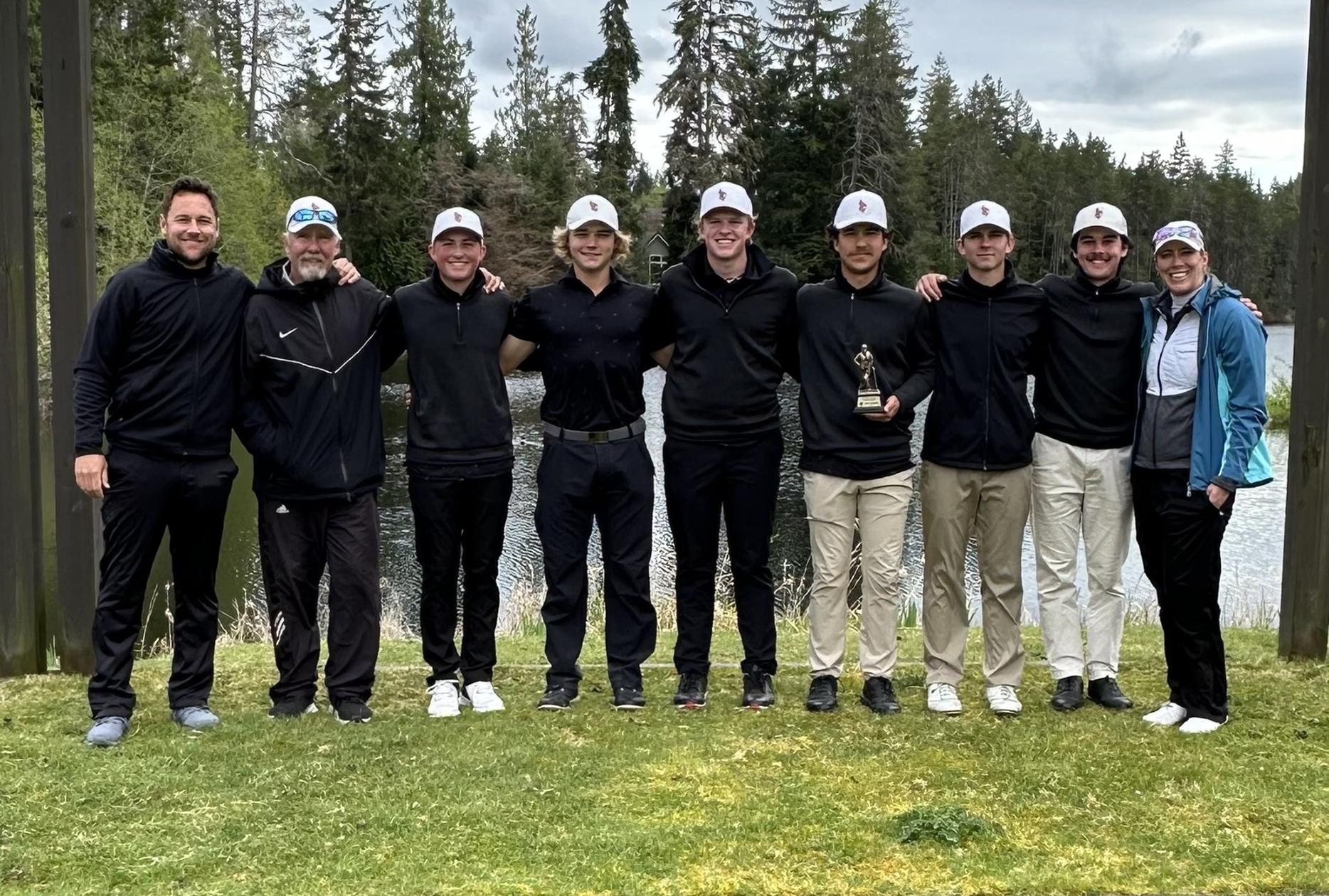 The North Idaho College men's golf team won the Olympic Invitational on Monday in Port Orchard, Wash. From left are head coach Russell Grove, volunteer coach Russ Grove, Dyson Lish, Ferdinand Le Grange, Quinn Abbott, Jarett Giles, Spence Matson, Josh McCartain and assistant coach Brittany Pounds.