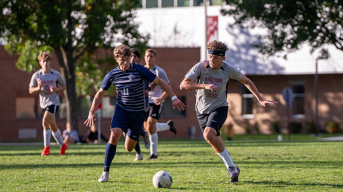 North Idaho College midfielder Randy Lane sprints to get possession of the ball during the second half of Wednesday's Northwest Athletic Conference match against Blue Mountain at Eisenwinter Field.