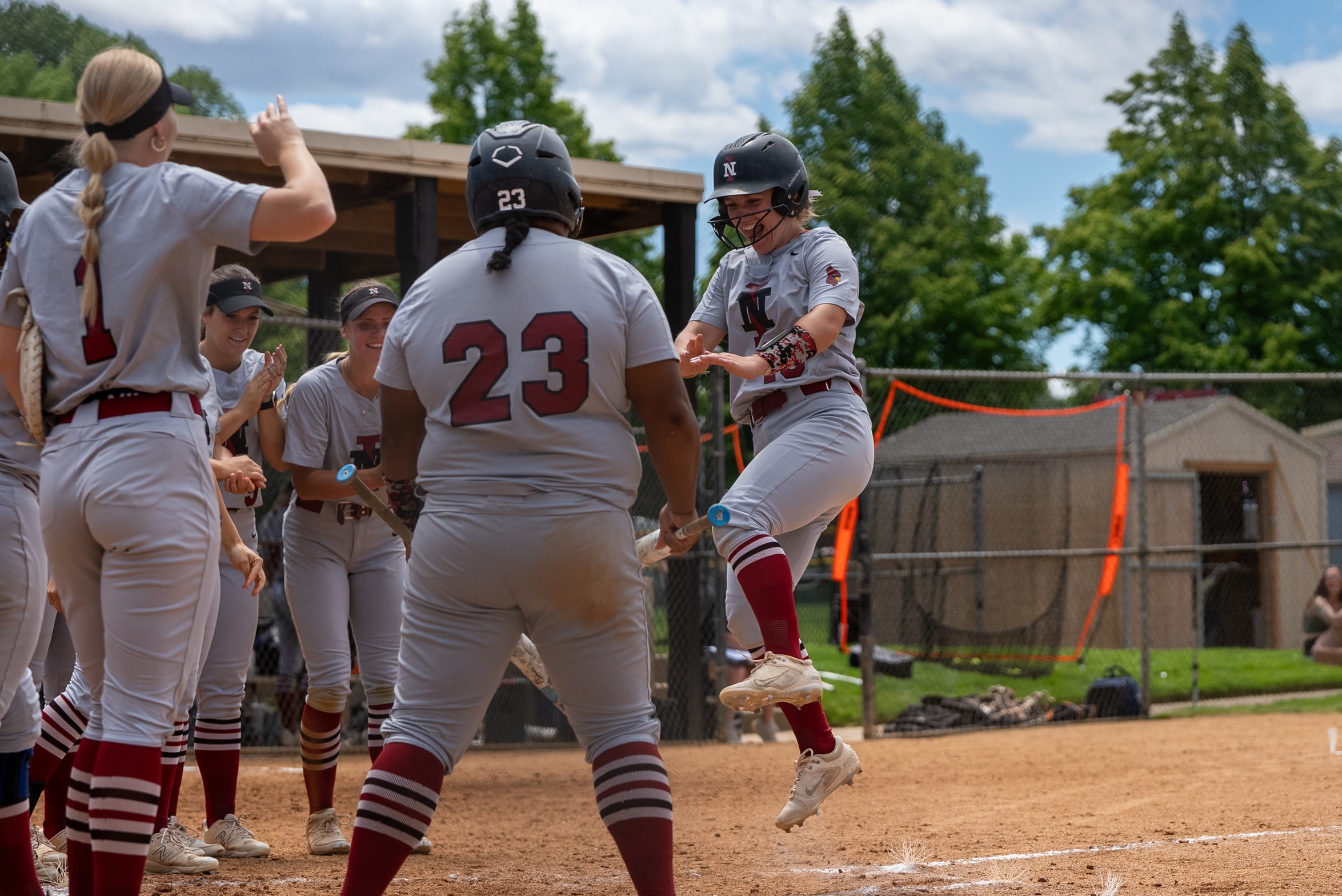 North Idaho College sophomore Hayden Rockwell celebrates after hitting a two-run home run in the second inning of Thursday's Northwest Athletic Conference tournament opener against Grays Harbor at Delta Park in Portland.