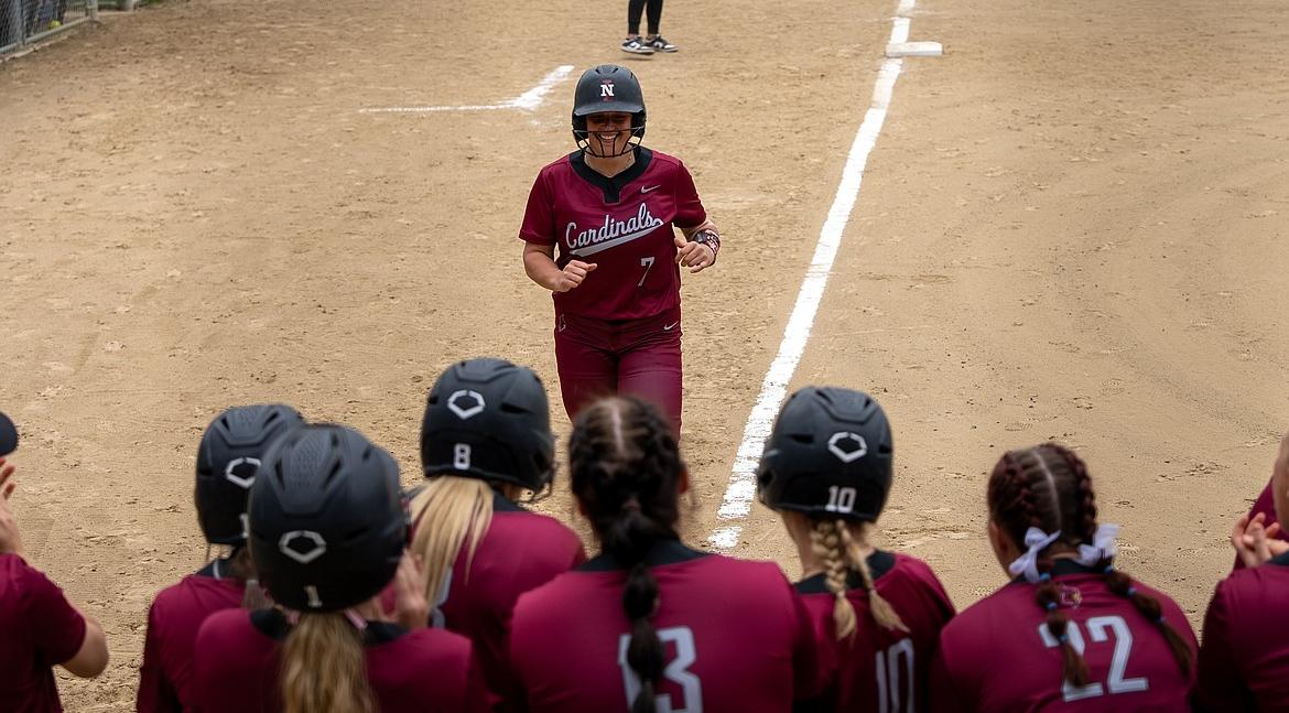 North Idaho College sophomore Kennedy Hobson celebrates with her teammates after hitting a homerun in the first inning of the first game of a Northwest Athletic Conference doubleheader against Blue Mountain at Memorial Field on Thursday.