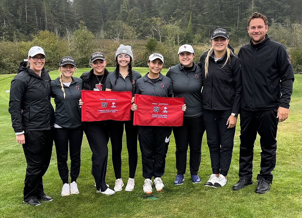 The North Idaho College women's golf team triumphed Monday at a Northwest Athletic Conference league tournament in Bandon, Ore. From left are Brittany Pounds, NIC men's and women's assistant golf coach; Rien Solodan, Megan Quinton, Lauryn Bulger, Laila Jalil, Sofia Lippiello, Ava Young and NIC head coach Russell Grove.