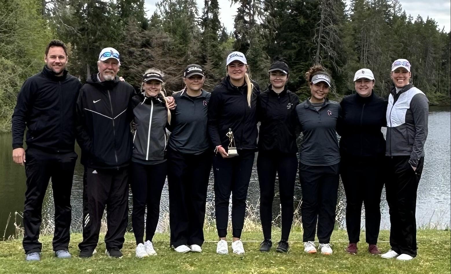 The North Idaho College women's golf team won the Olympic Invitational on Monday at Port Orchard, Wash. From left are head coach Russell Grove, volunteer coach Russ Grove, Rien Solodan, Megan Quinton, Ava Young, Lauryn Bulger, Laila Jalil, Sofia Lippiello and assistant coach Brittany Pounds.