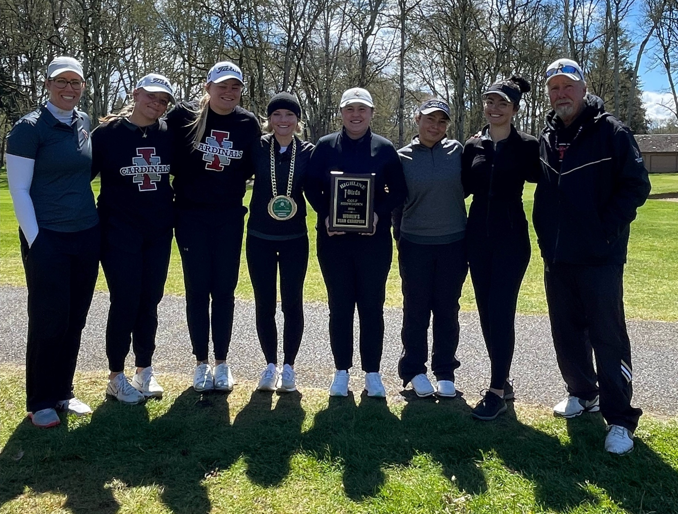 The North Idaho College women's golf team won a Northwest Athletic Conference tournament hosted by Highline Community College at Oakbrook Golf Course in Lakewood, Wash. From left are assistant coach Brittany Pounds, Megan Quinton, Ava Young, Rien Solodan, Sofia Lippiello, Laila Jalil, Lauryn Bulger and assistant coach Russ Grove.