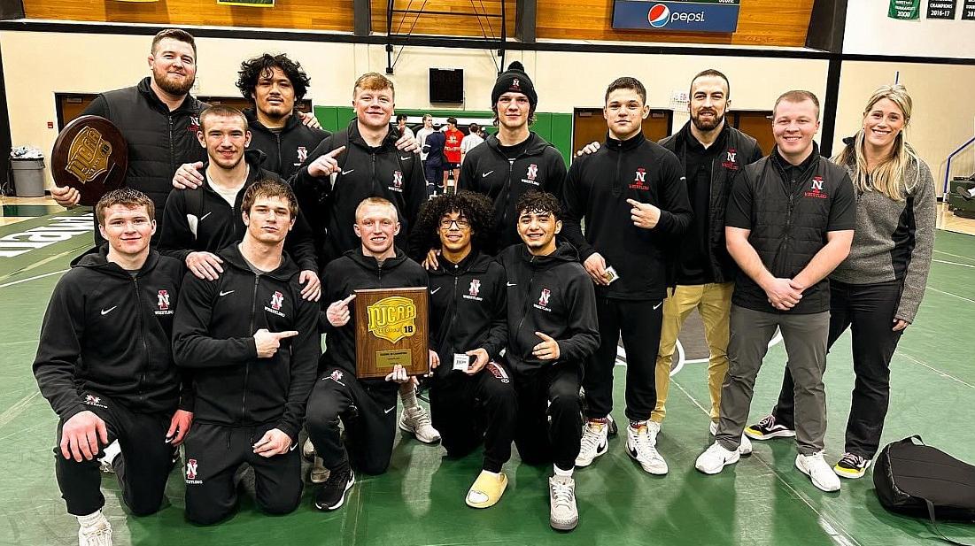 The North Idaho College wrestling team won the West District Championship, the program&rsquo;s first district title since 2013 at Umpqua Community College in Roseburg, Ore., on Sunday. In the front row are Porter Craig, Noah Poe-Hatten, Kobi Johnson, Elijah Cater and Jermiah Zuniga. In the middle are Hunter Bidelman and NIC assistant coach Bryce Parson. In the back are NIC assistant coach Cooper Thomas, Tominiko Takafua, Bradley Whitwright, Travis Waldner, Conan Northwind, NIC head wrestling coach Derrick Booth and NIC head athletic trainer Abby Allison.