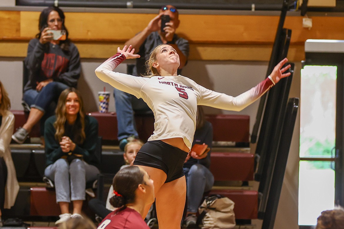 North Idaho College sophomore outside hitter Rachael Stacey goes up for a spike during a Northwest Athletic Conference match against Yakima Valley at Christianson Gym on Saturday.
Photo credit: Kyle Dishaw