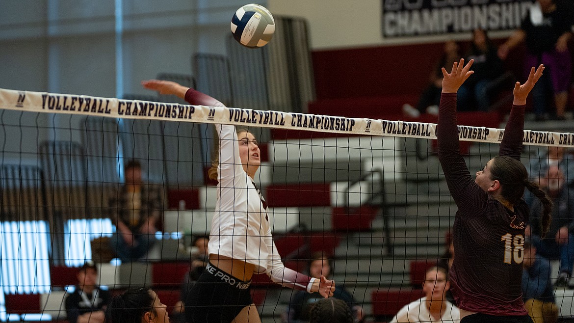 North Idaho College sophomore Rylee Hartwig goes up for a kill during Saturday's Northwest Athletic Conference Championship semifinal match against Yakima Valley at Pierce College in Lakewood, Wash.