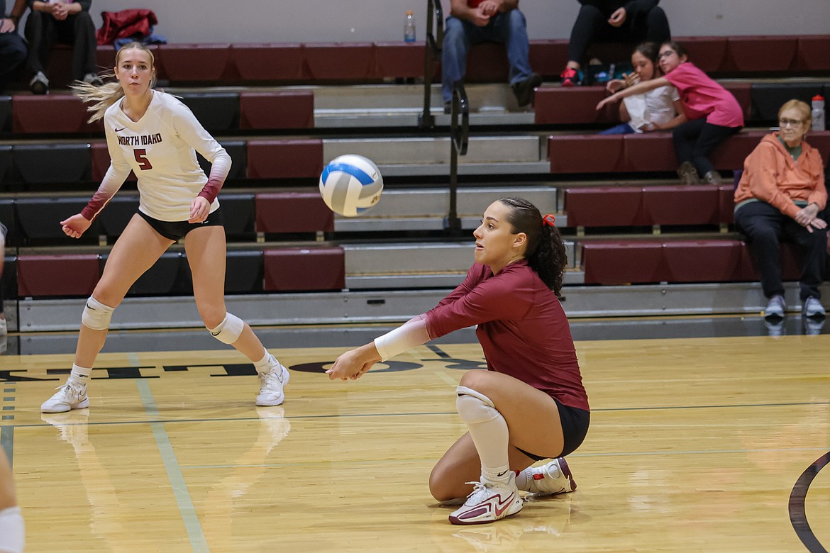 Photo by KYLE DISHAW/NIC Athletics North Idaho College sophomore Omayra Valle digs up a ball during Saturday's Northwest Athletic Conference match against Blue Mountain at Christianson Gymnasium.